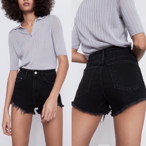 Sold ZARA Black High Rise Frayed Hem Denim Shorts - Picture 2 of 11